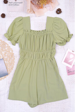 MIYACO Square Neck Puff Sleeve Ruched Playsuit (Light Green) PRE-ORDER (ETA END OF APRIL 2023)